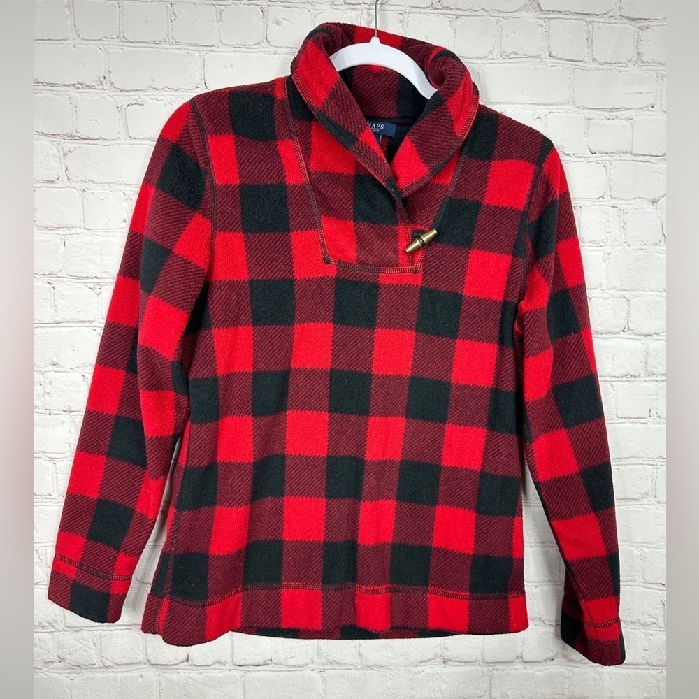 Chaps Womens‎ Black Red Plaid Fleece Long Sleeve Sweater Shirt Jacket Sz S, GUC